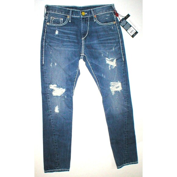 New Womens True Religion Brand Jeans Nu Boy Super T Blue White 24 NWT USA Ripped
